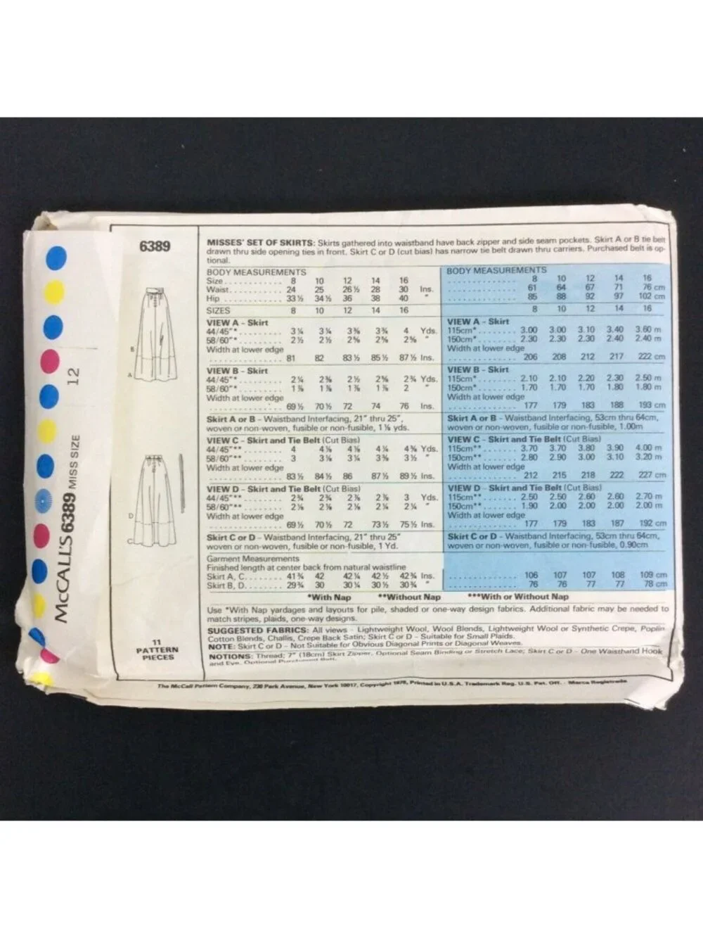 Vintage 1978 McCalls 6389 Sewing Pattern Misses Full Skirts Size 12 Uncut